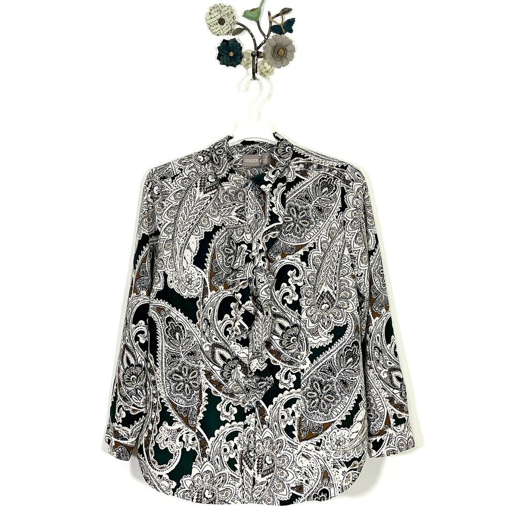 Chico's Green Paisley Print Ruffle Front Button Down Blouse Shirt 2 / Large